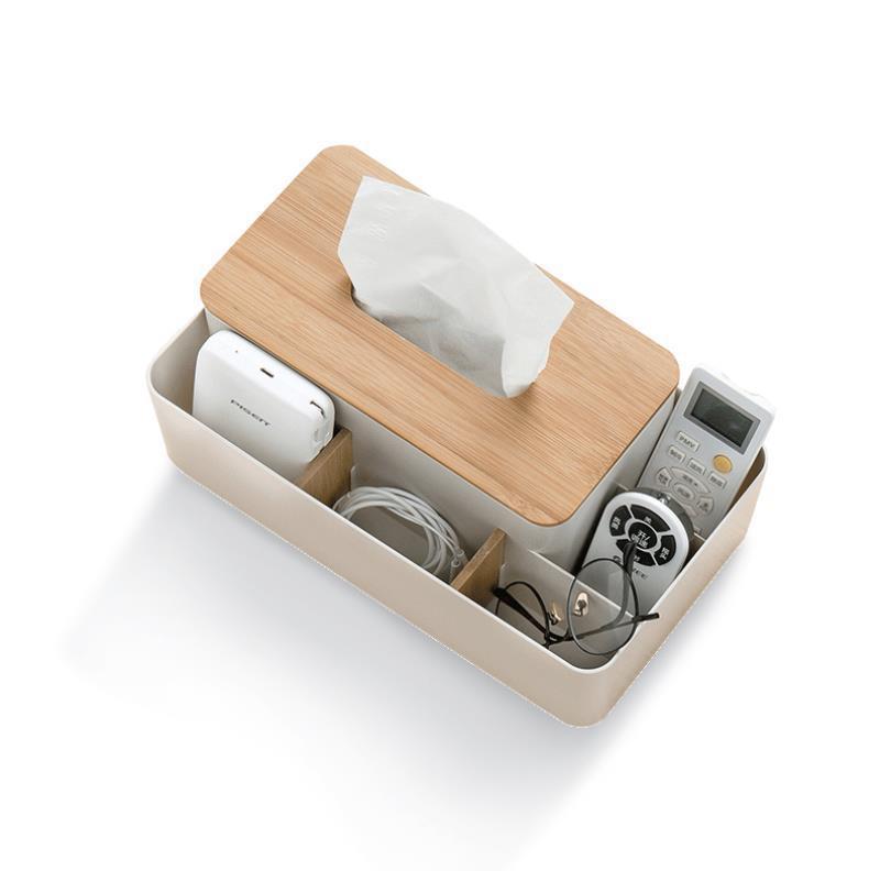 Bamboo-Lid Tissue Box with Remote Control Storage
