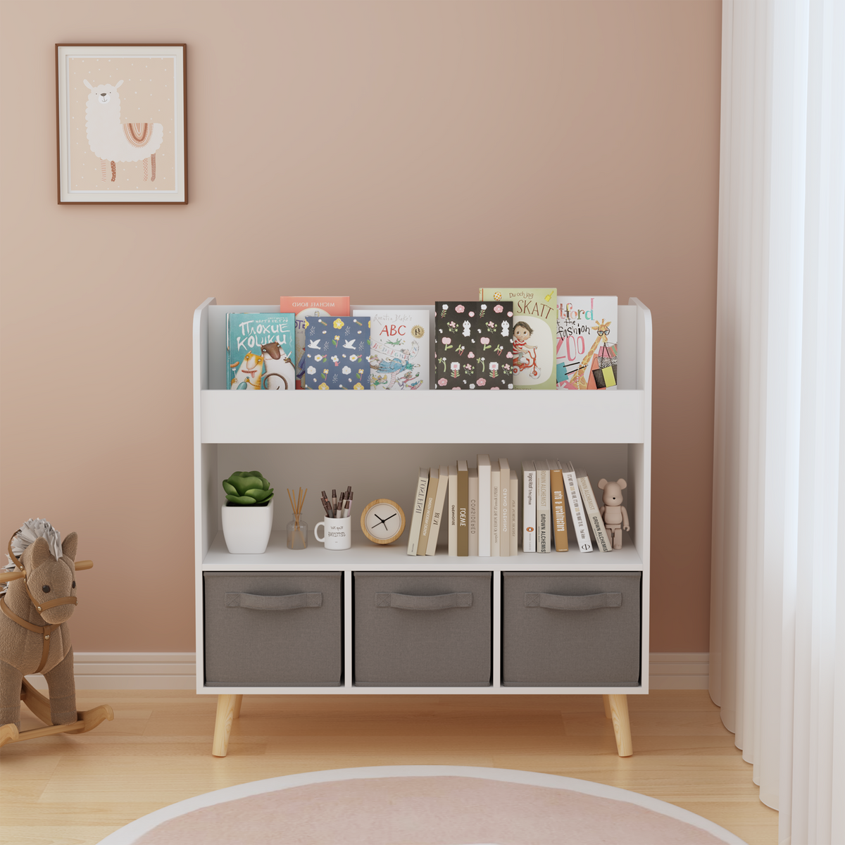 Children’s Bookshelf with Three Fabric Bins