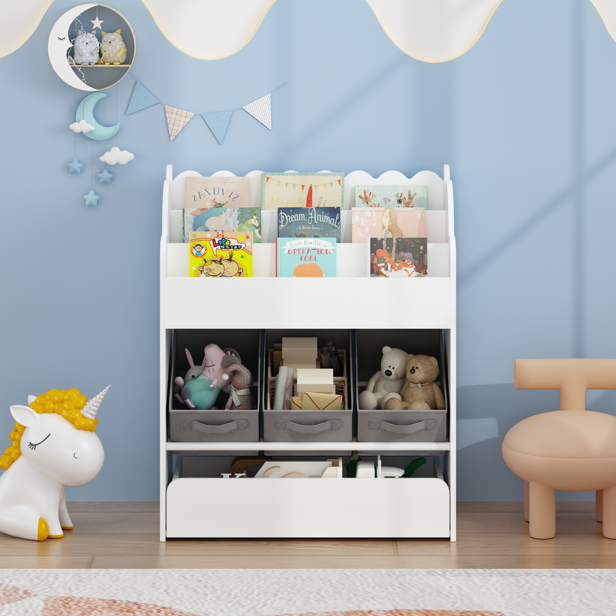 Children’s Bookshelf with Storage Bins and Drawer