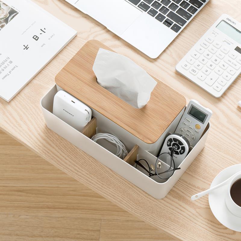 Bamboo-Lid Tissue Box with Remote Control Storage