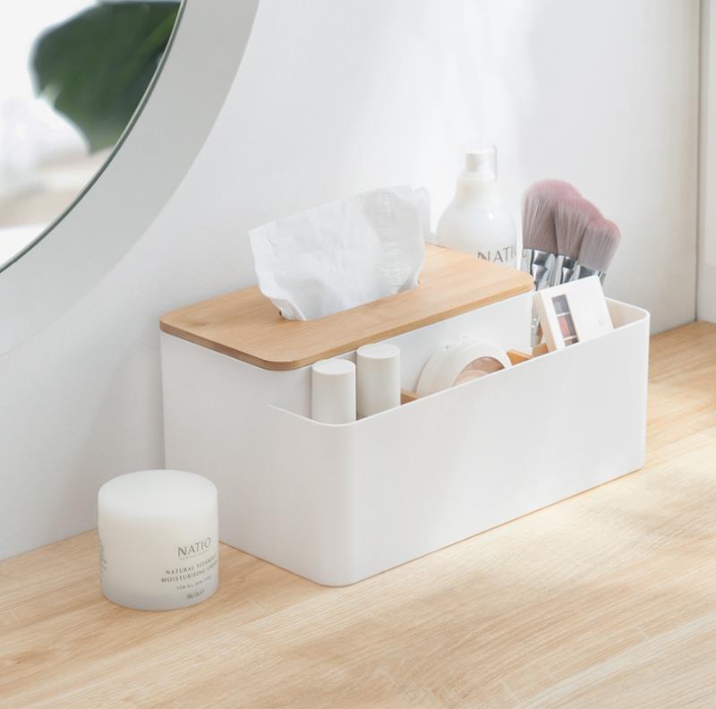 Bamboo-Lid Tissue Box with Remote Control Storage