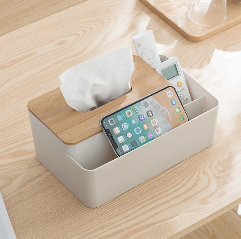 Bamboo-Lid Tissue Box with Remote Control Storage