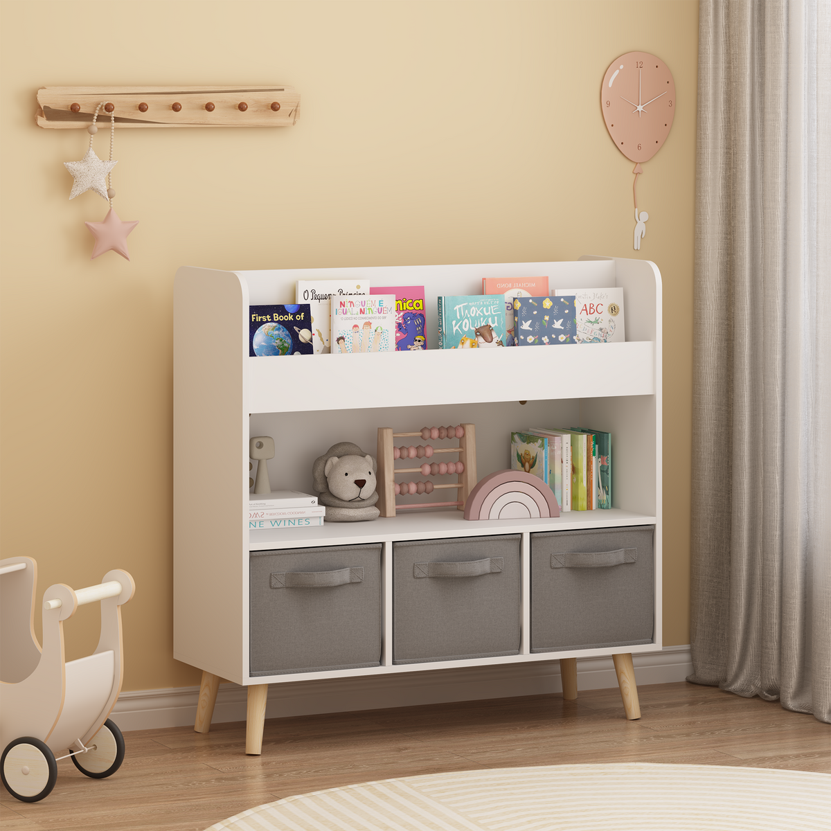 Children’s Bookshelf with Three Fabric Bins