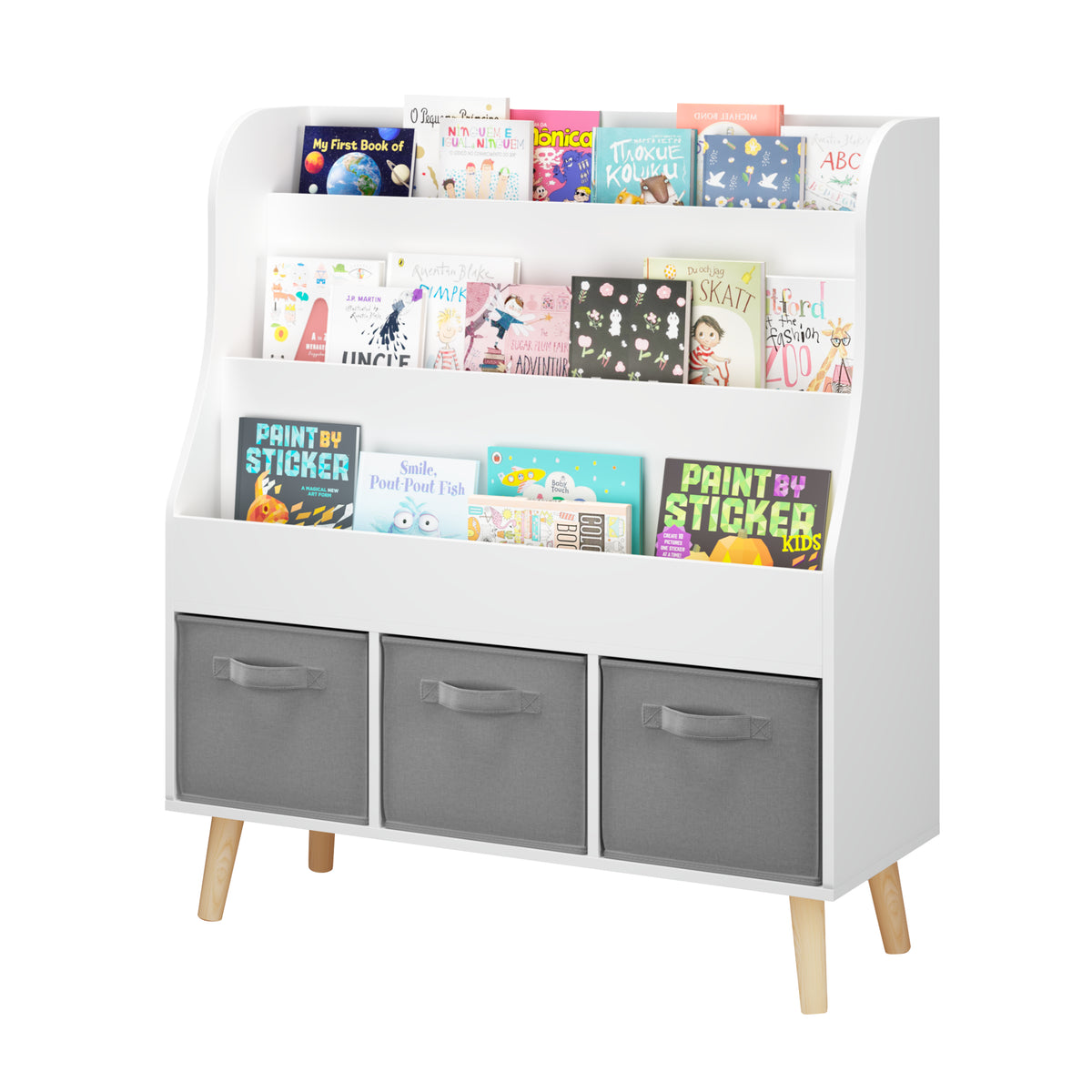 Children’s Book Display Rack with Three Fabric Bins