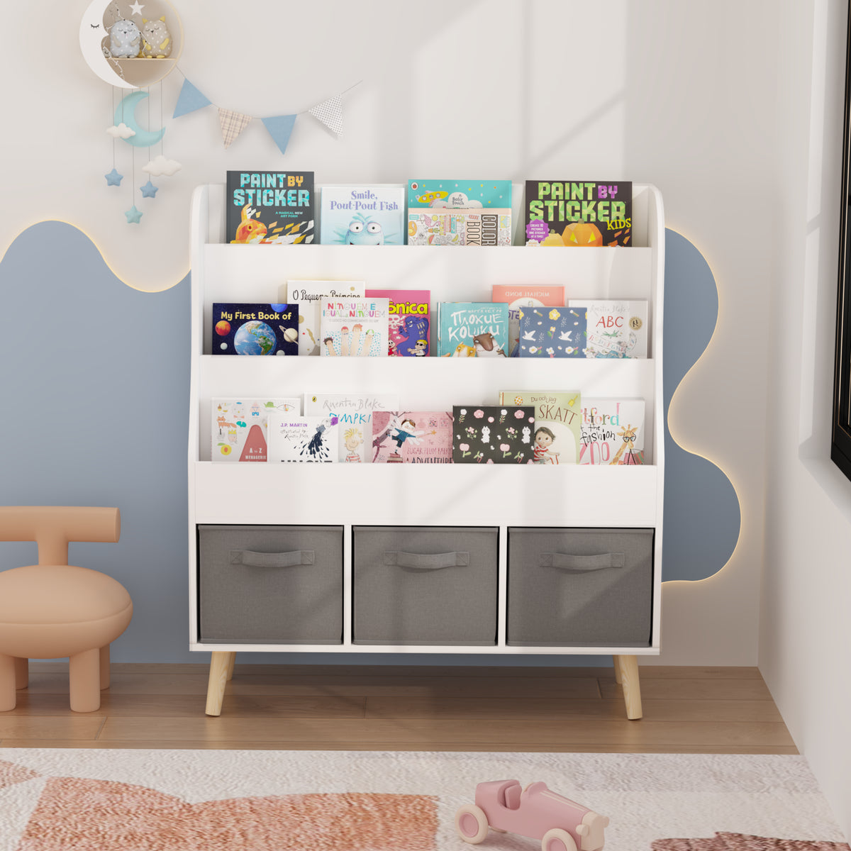 Children’s Book Display Rack with Three Fabric Bins