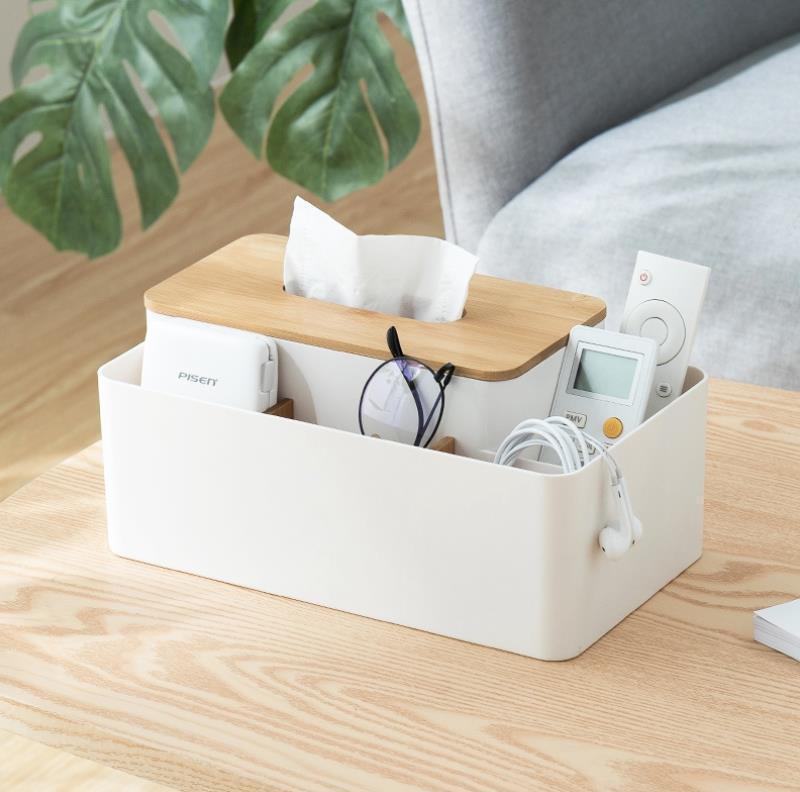 Bamboo-Lid Tissue Box with Remote Control Storage