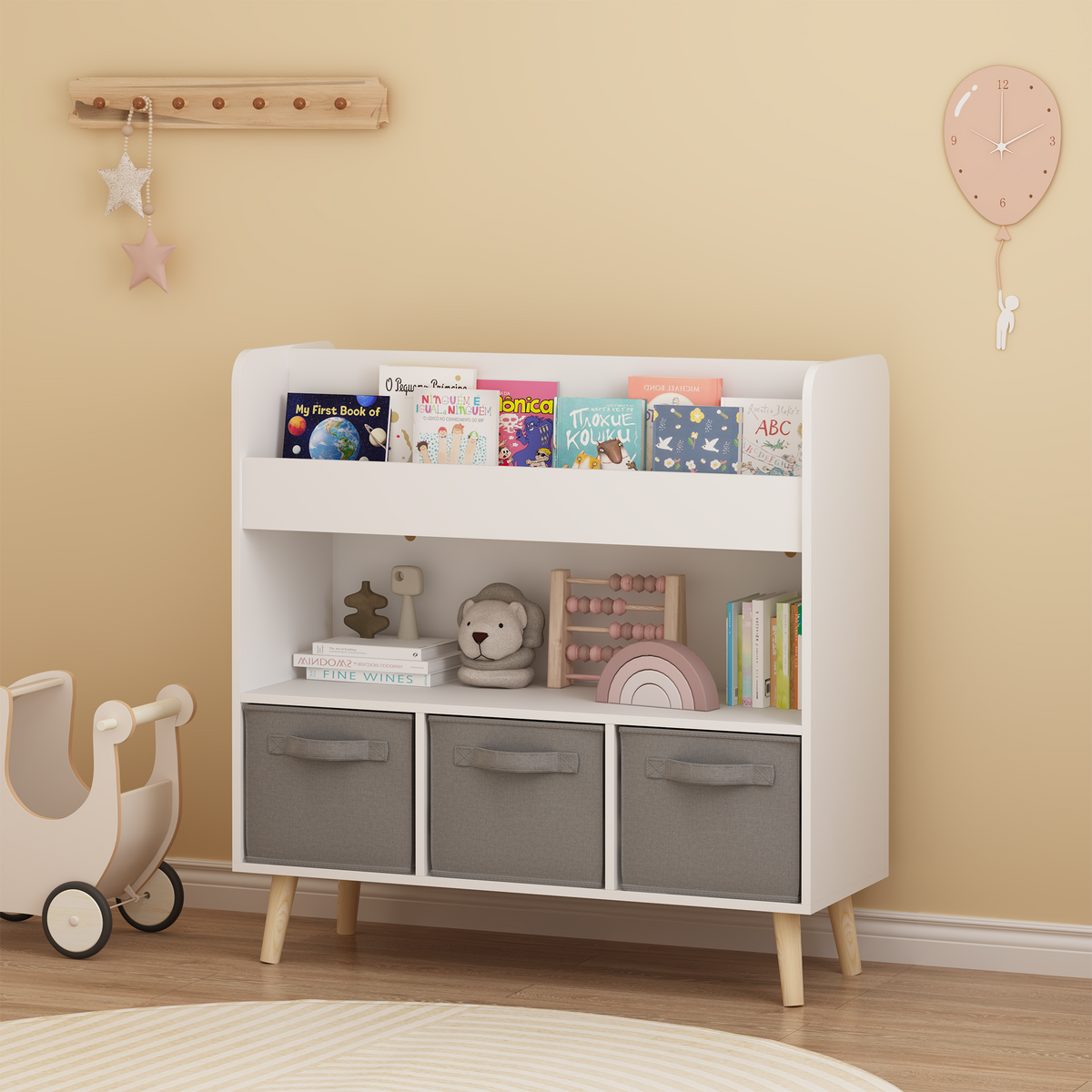 Children’s Bookshelf with Three Fabric Bins