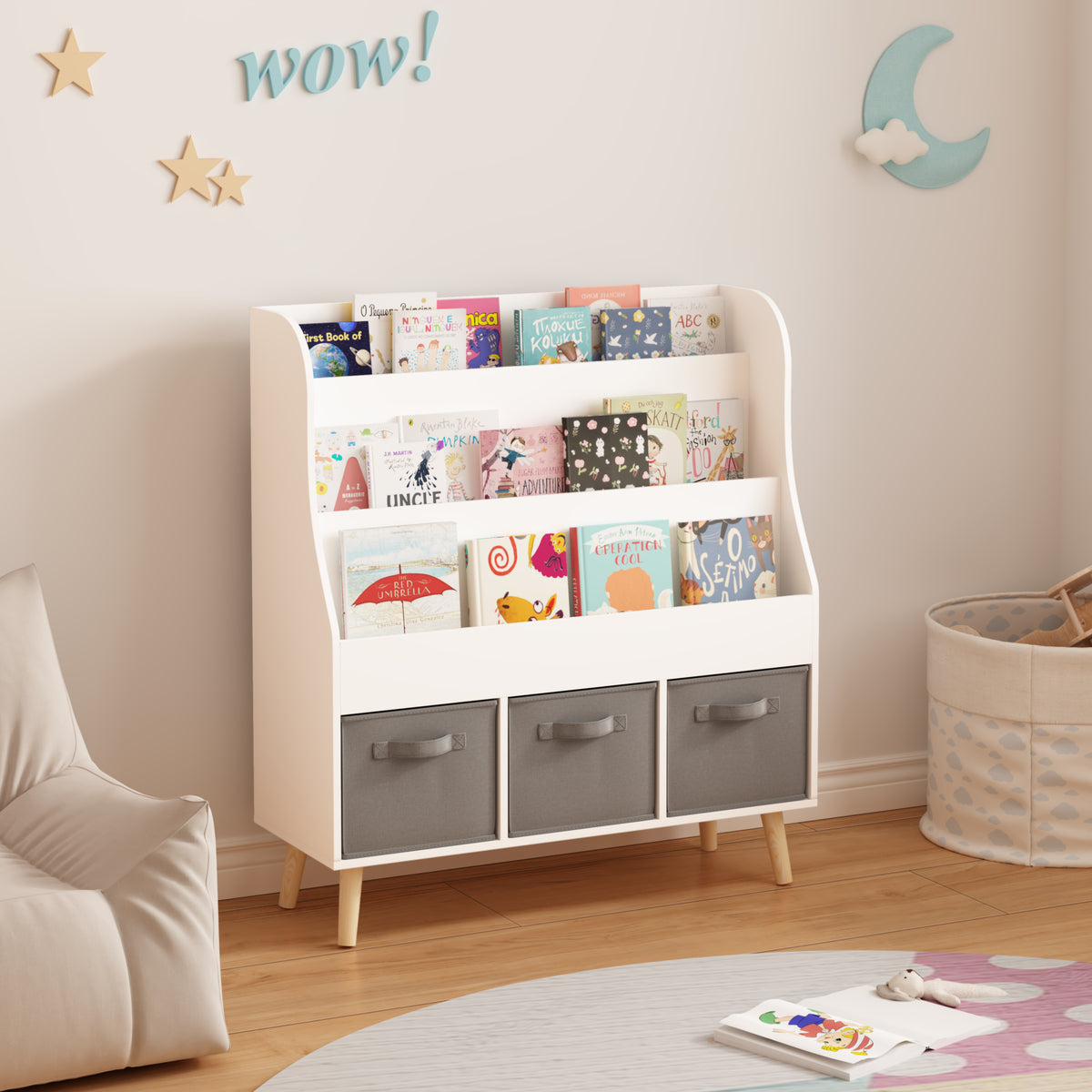 Children’s Book Display Rack with Three Fabric Bins