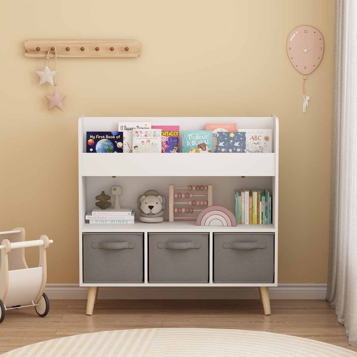 Children’s Bookshelf with Three Fabric Bins