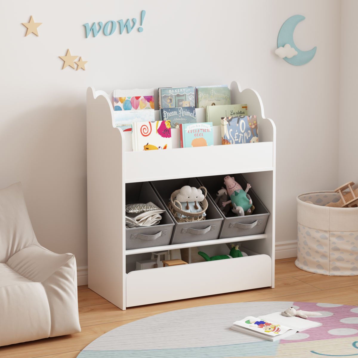Children’s Bookshelf with Storage Bins and Drawer