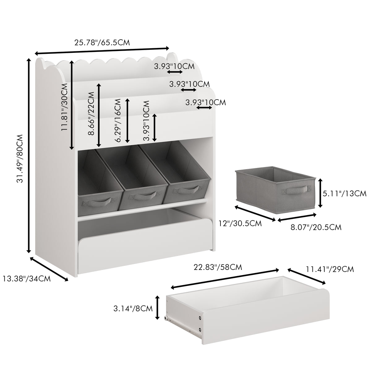 Children’s Bookshelf with Storage Bins and Drawer