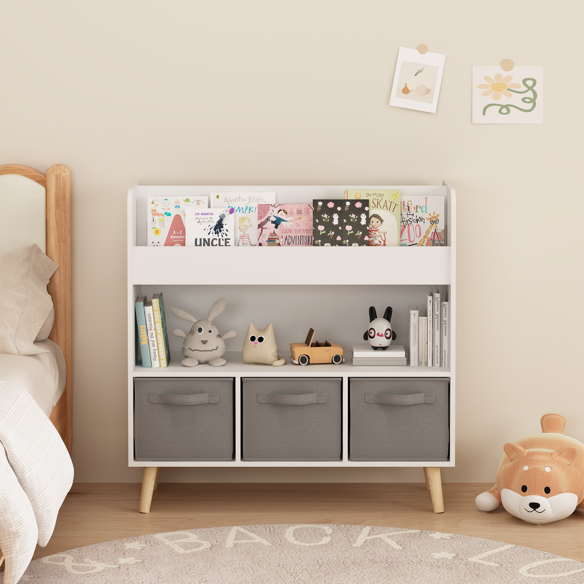 Children’s Bookshelf with Three Fabric Bins