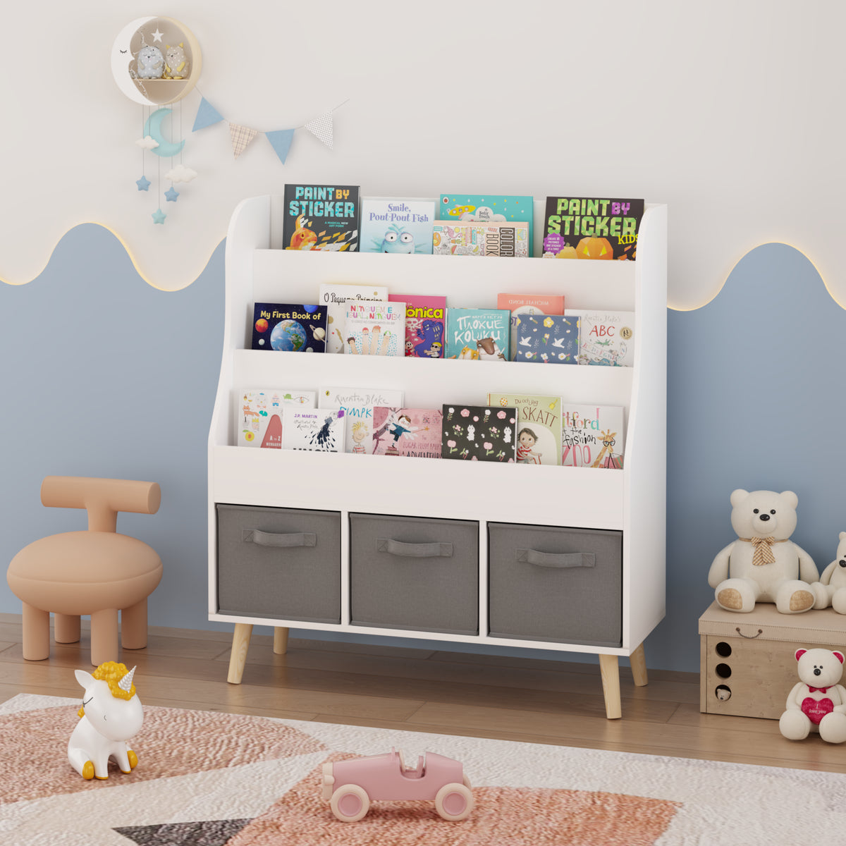 Children’s Book Display Rack with Three Fabric Bins