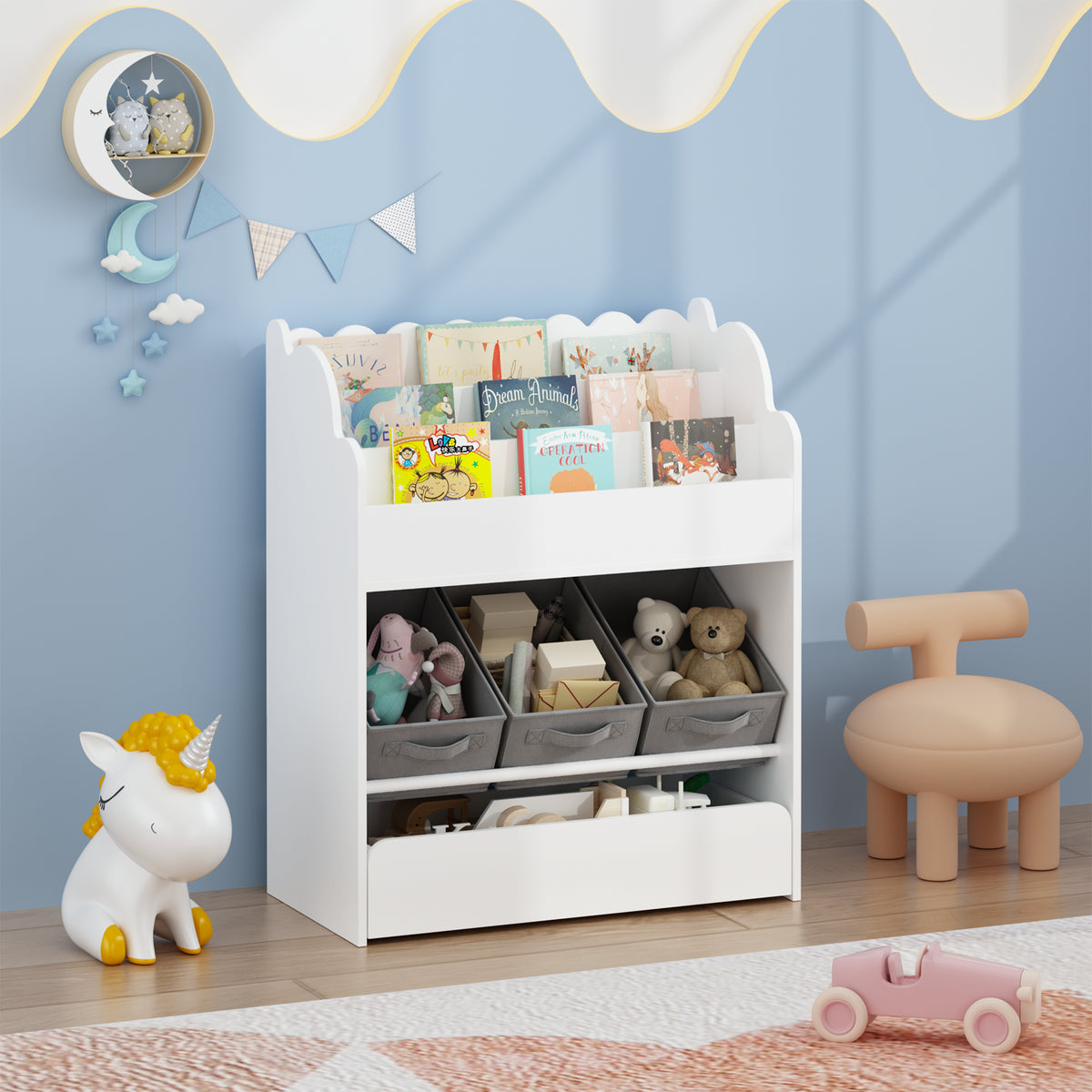 Children’s Bookshelf with Storage Bins and Drawer