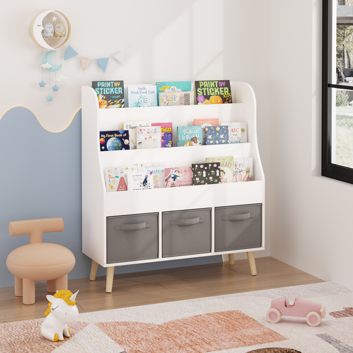 Children’s Book Display Rack with Three Fabric Bins