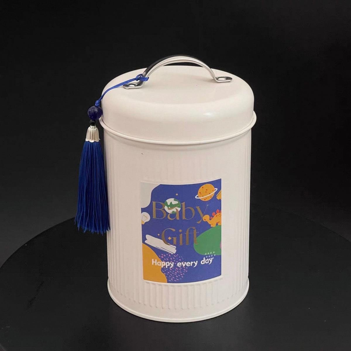 Round Metal Tin Storage Container With Handle