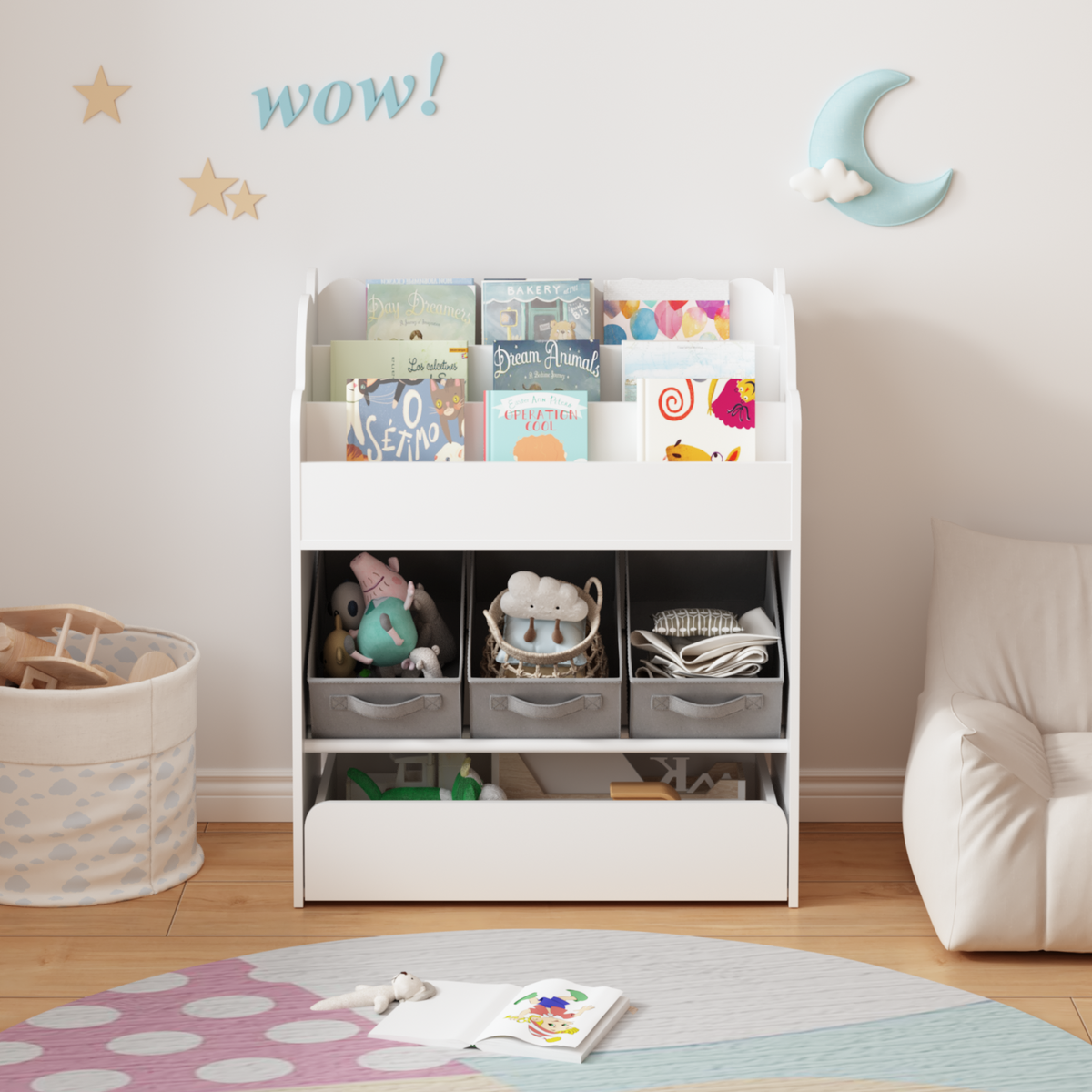 Children’s Bookshelf with Storage Bins and Drawer