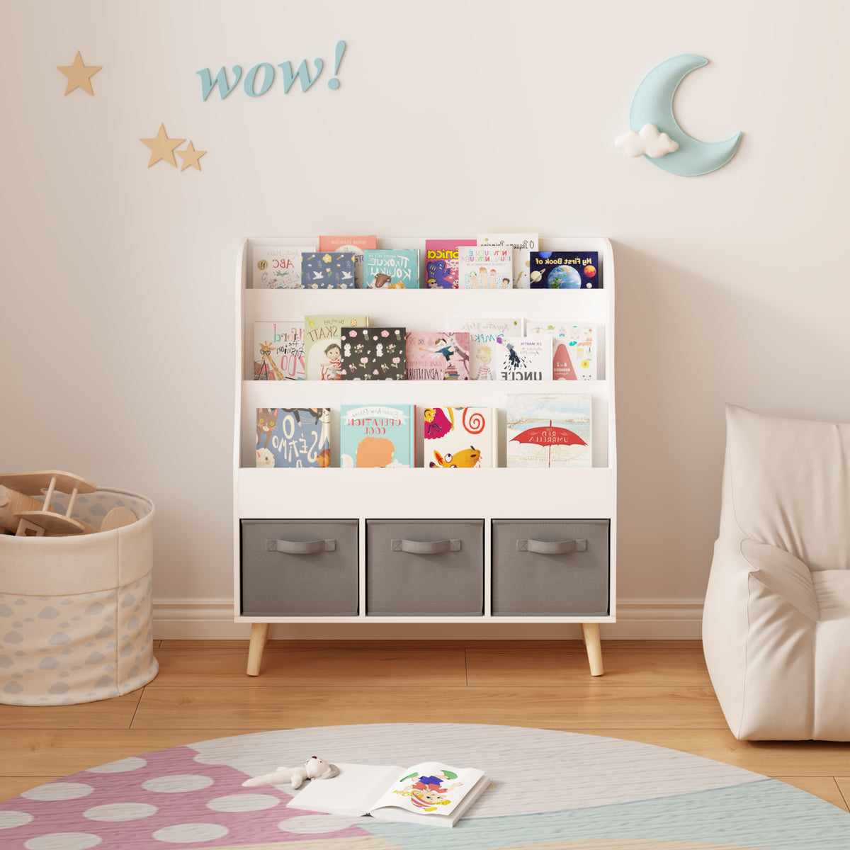 Children’s Book Display Rack with Three Fabric Bins