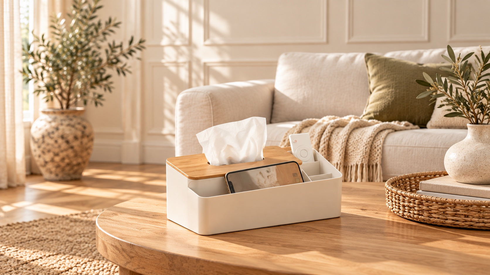 Bamboo-lid tissue organizer on an oak coffee table