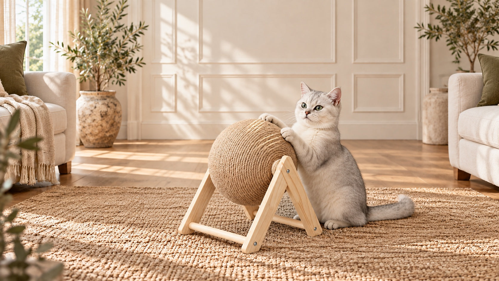 Cat exploring a wood-frame sisal scratching ball in a warm neutral room
