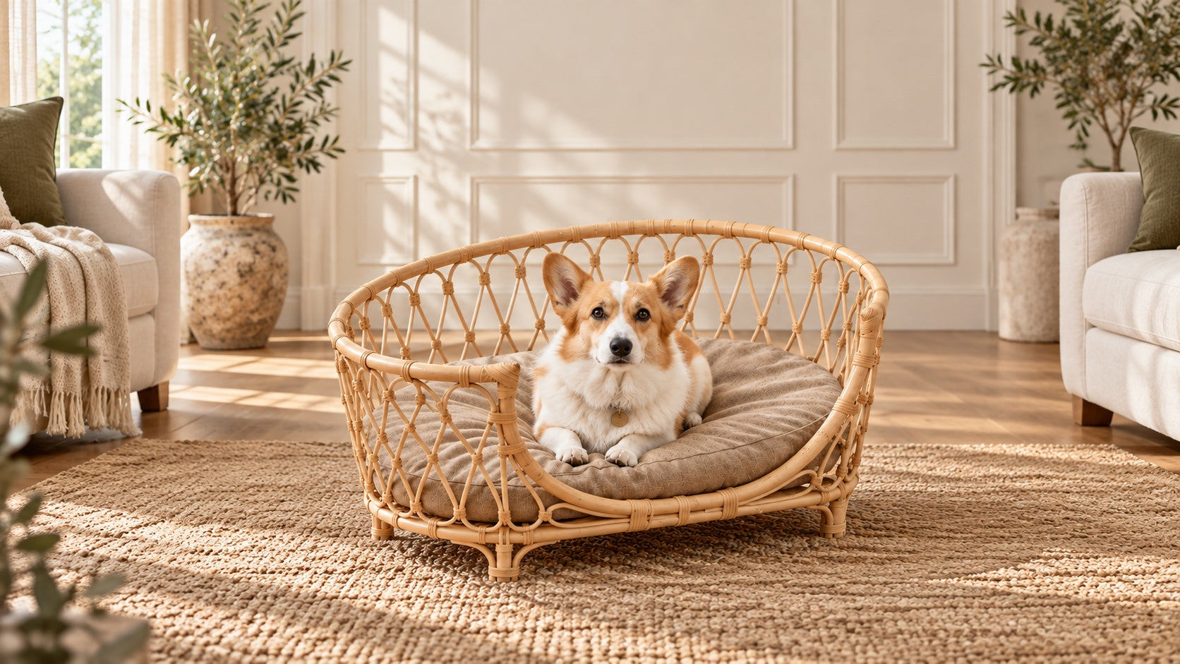 Corgi resting in a woven rattan pet bed beside a cream sofa
