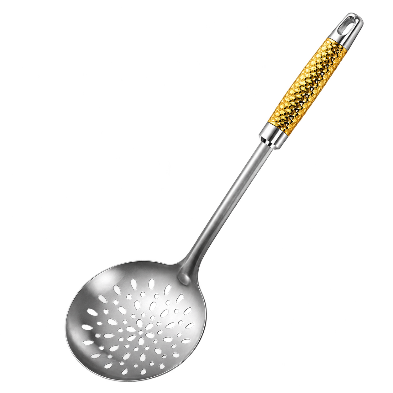 Gold handled steel colander spoon