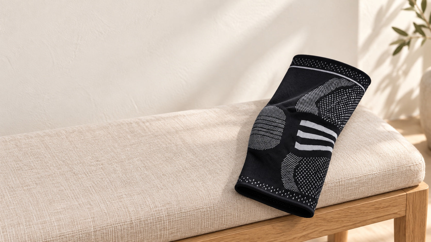 Black and gray knitted knee sleeve on an oatmeal bench