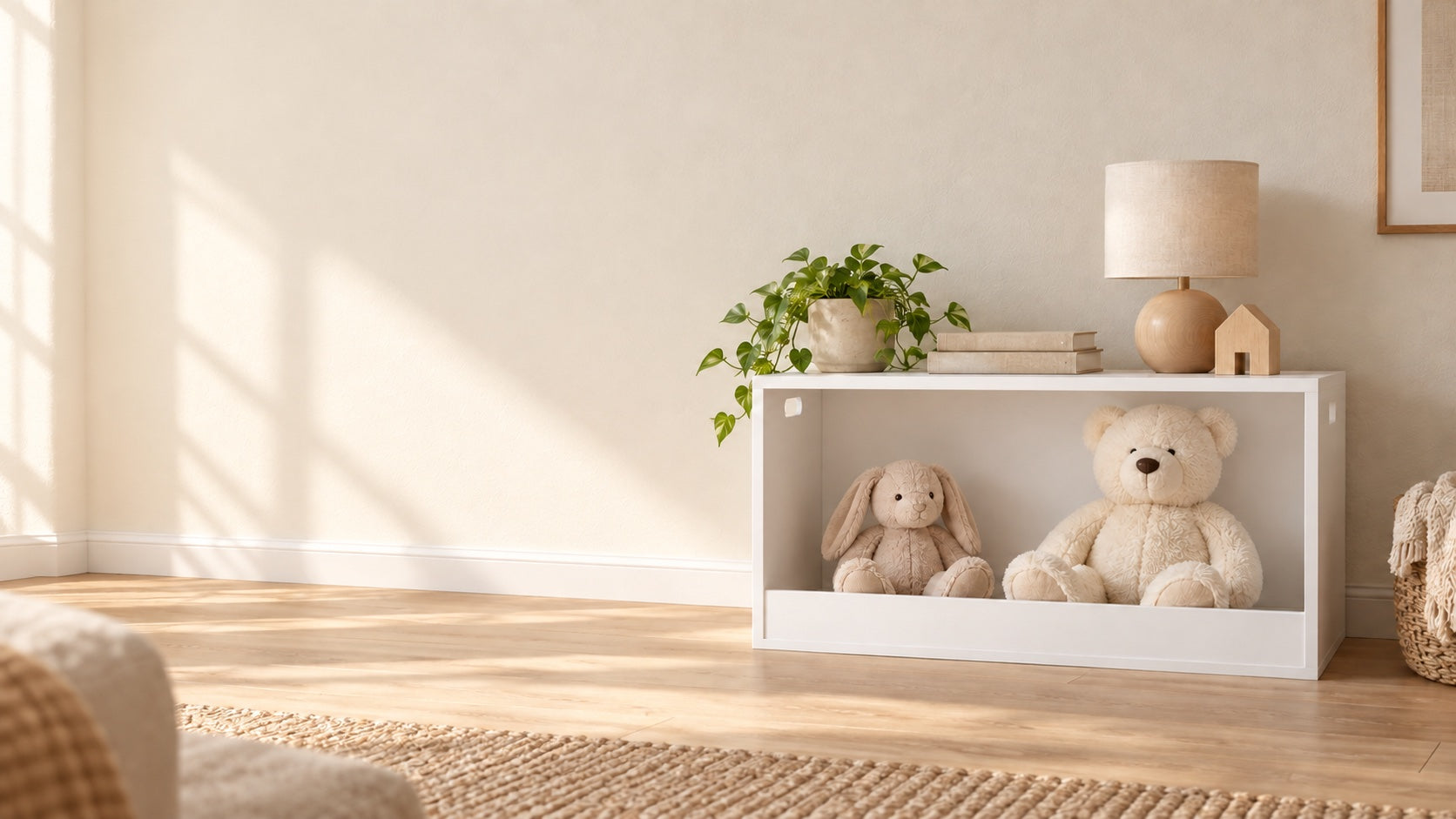 White open storage bin on a pale oak floor