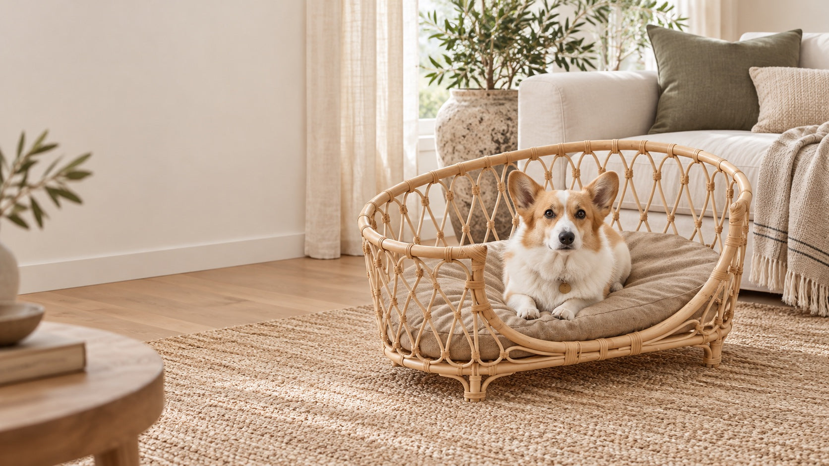 Woven rattan pet bed in a light living room