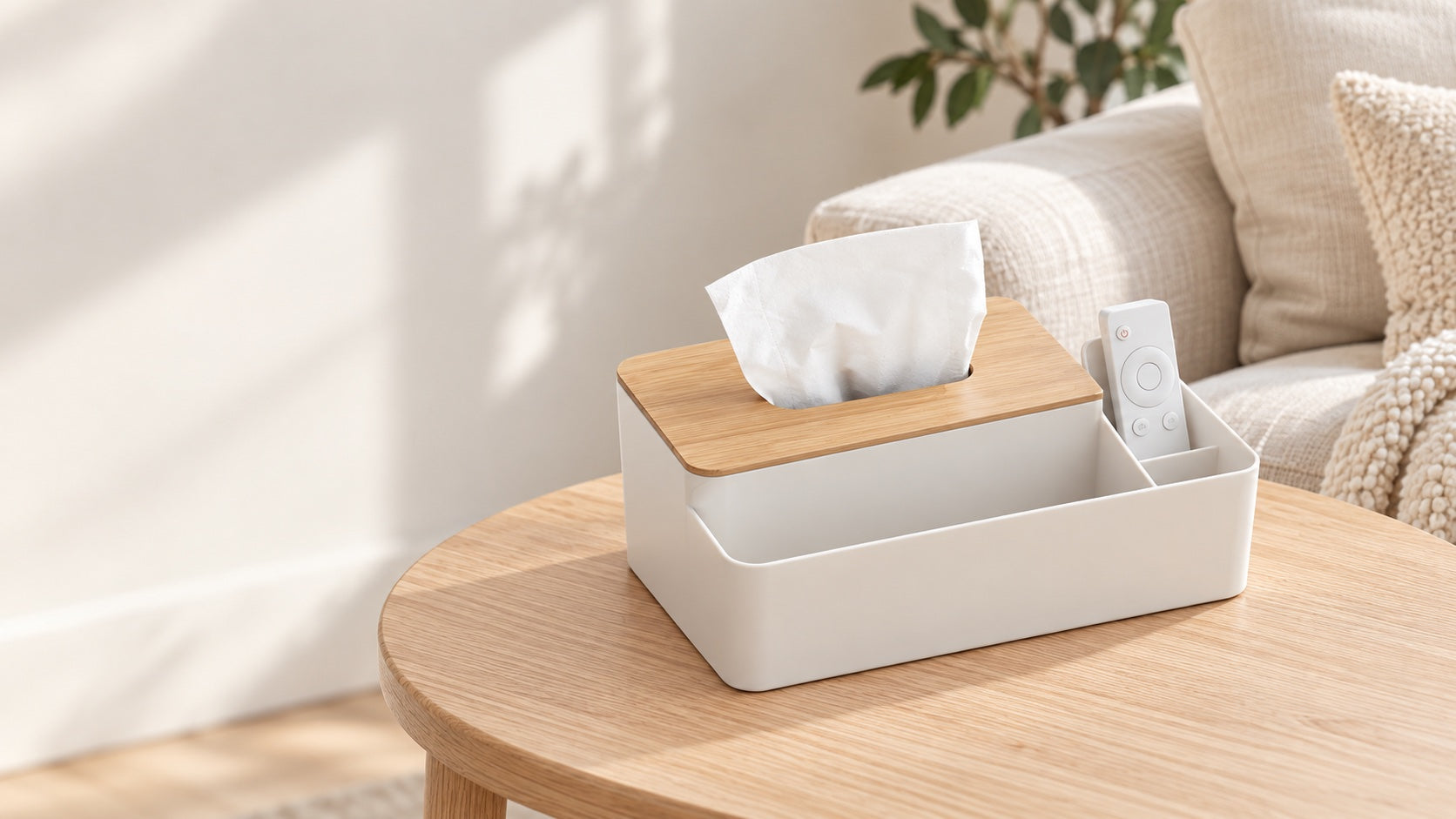 Bamboo-lid tissue organizer on an oak table