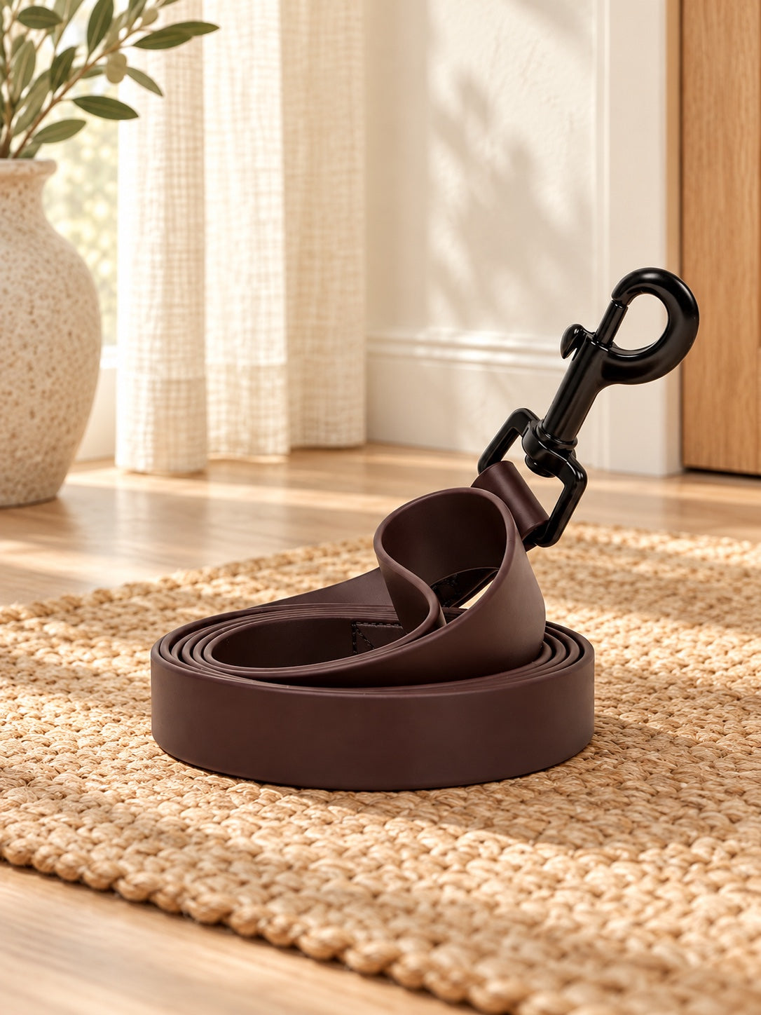 Brown woven leash on an oak bench