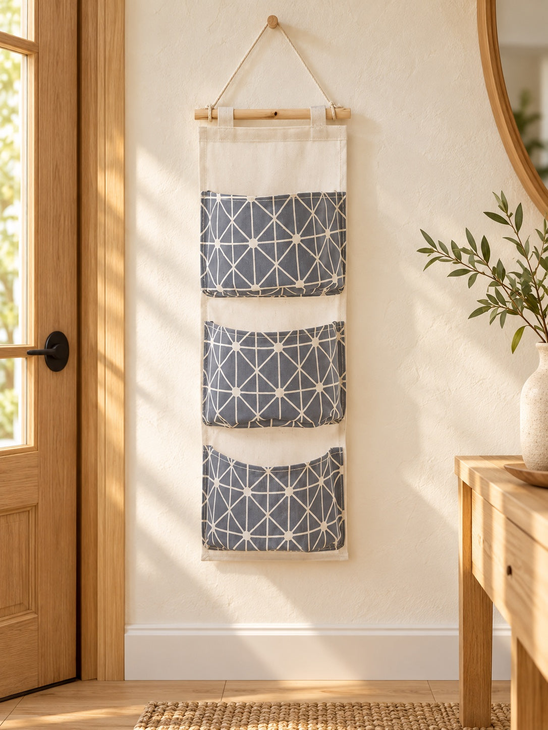 Gray and ivory three pocket hanging organizer