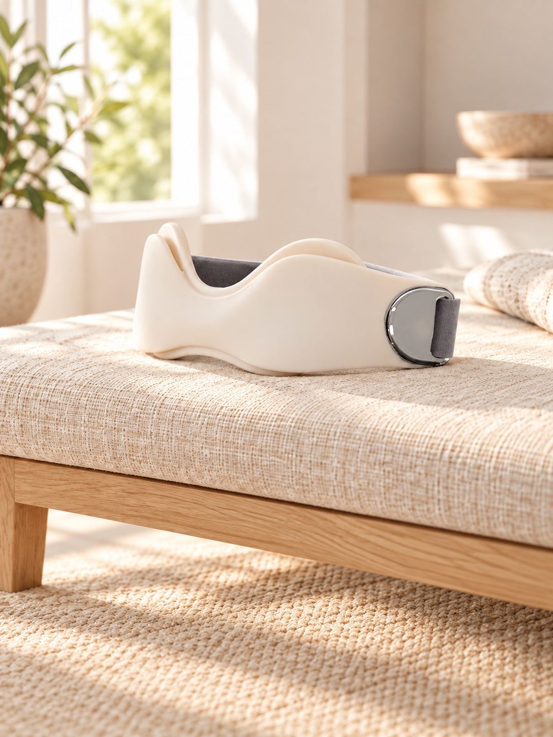 Beige knee strap on linen
