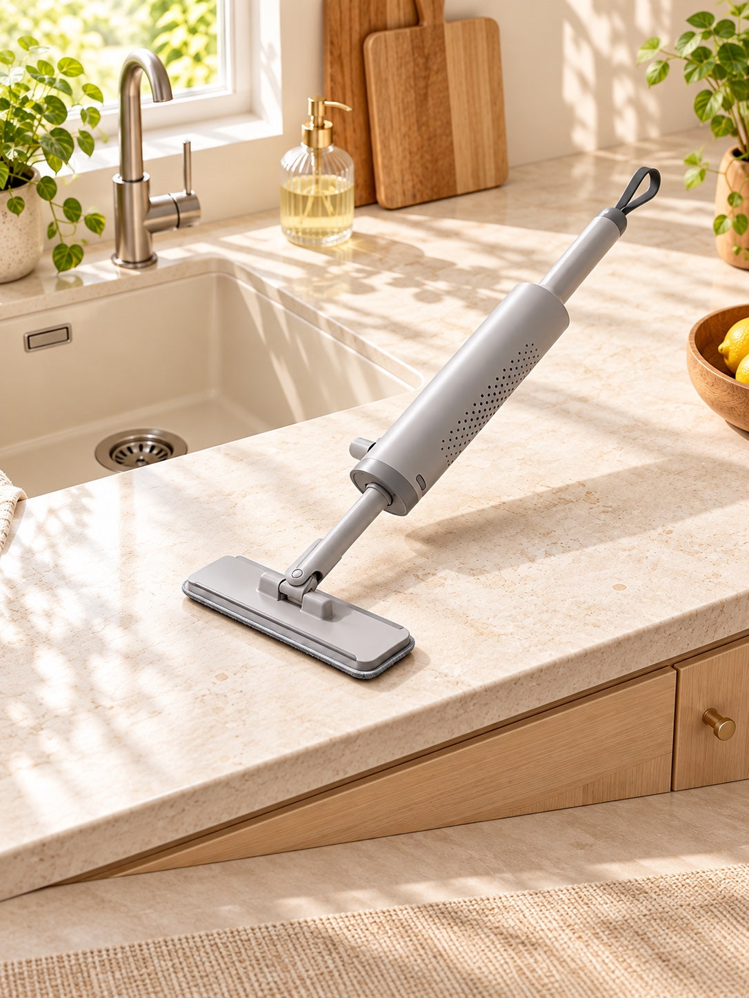 Gray mini mop on a stone counter