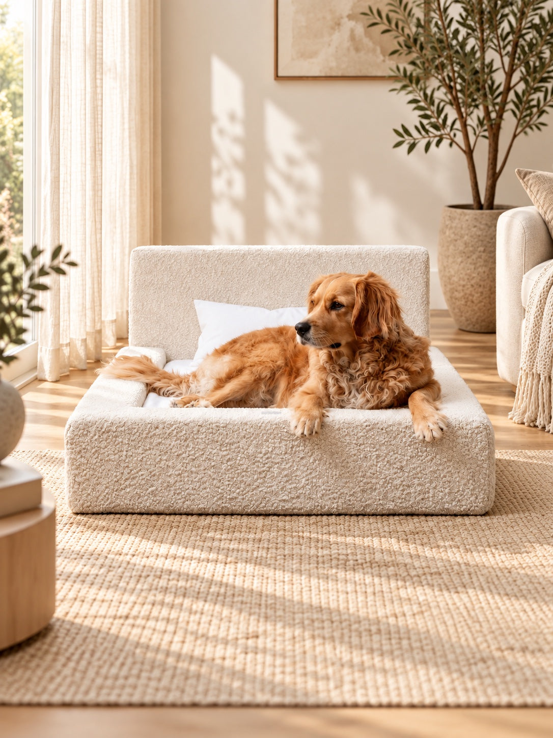 Cream pet sofa with a resting dog