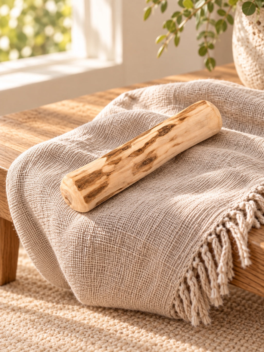 Natural wood chew resting on linen