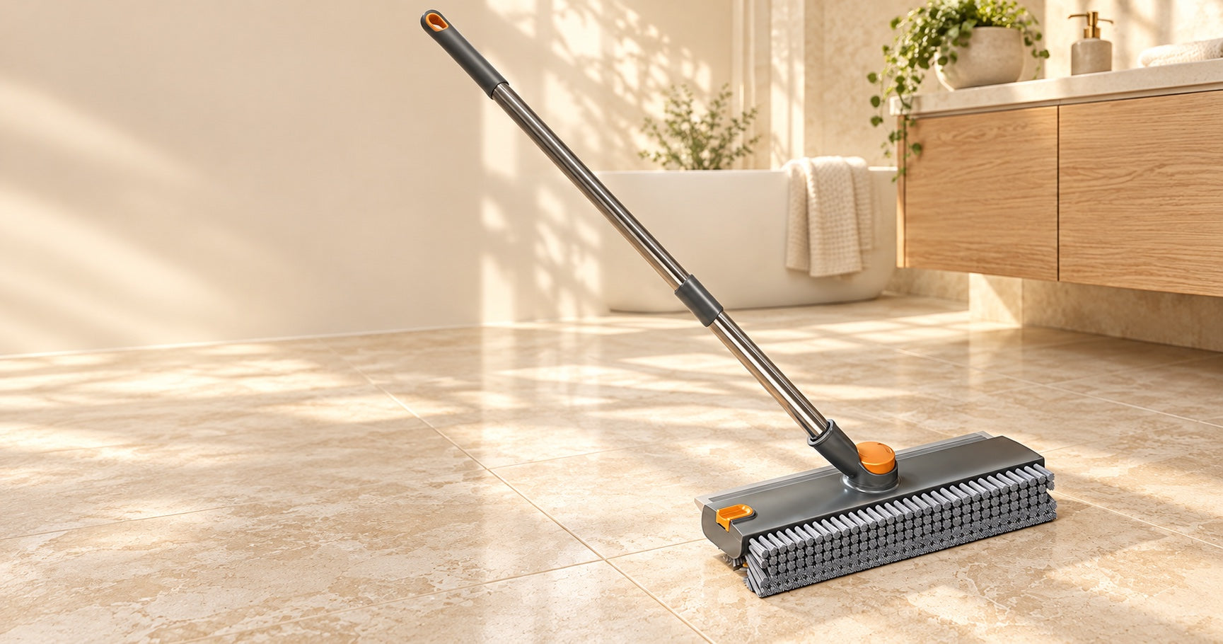 Gray floor scrubber with orange accents on a warm stone floor